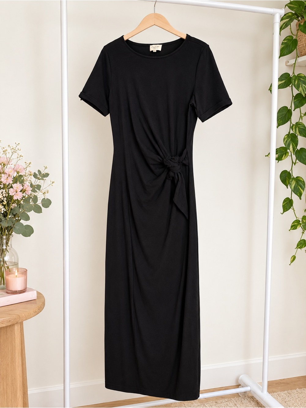 Black Short-Sleeve Knot-Waist Maxi Dress by Sézane
